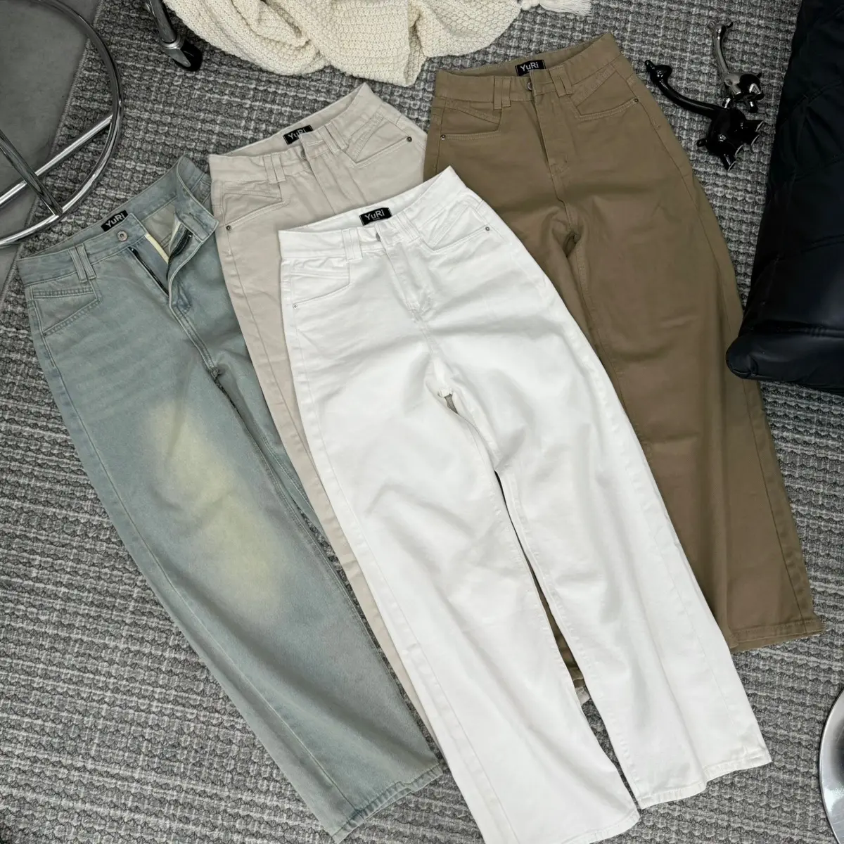 YURI JEANS - Mã41 Quần Jeans Nữ Ông Suông  Màu Trắng Be  May Túi Kiểu Women Pants