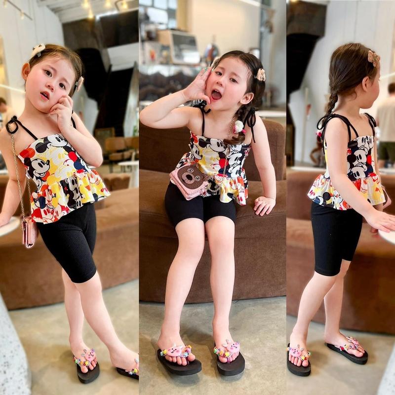 Set Áo Hai Dây Hoạ Tiết Đáng Yêu Kèm Quần Ngố Cho Bé Gái