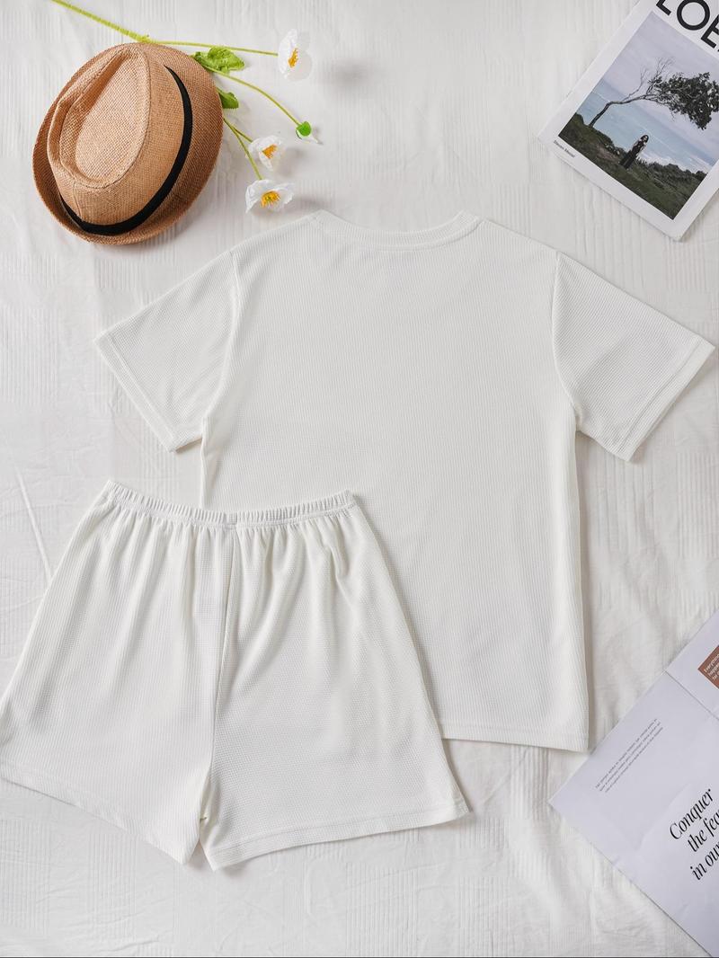 Product Introduction of Women's Solid Waffle Knit Lounge Set, Casual Comfy Short Sleeve T-shirt & Shorts Matching Pj Set, Ladies Sleepwear for Summer, Perfect Matching 8