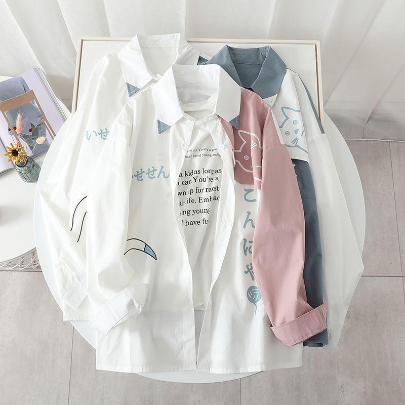 Product Introduction of Áo Sơ Mi Dài Tay Dáng Rộng Phong Cách Preppy, Dành Cho Giới Trẻ, Dành Cho Bé Trai, Xu Hướng Mùa Xuân Và Mùa Thu, Áo Sơ Mi Mèo Hoạt Hình, Thích Hợp Cho Các Cặp Đôi 6