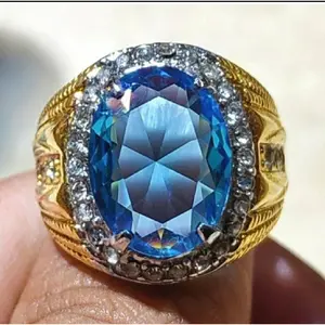 Cincin Batu Blue Topaz Swiss Cutting Titanium Anti Karat Anti Iritasi Size 7 8 9 10 11 Kualitas Terbaik