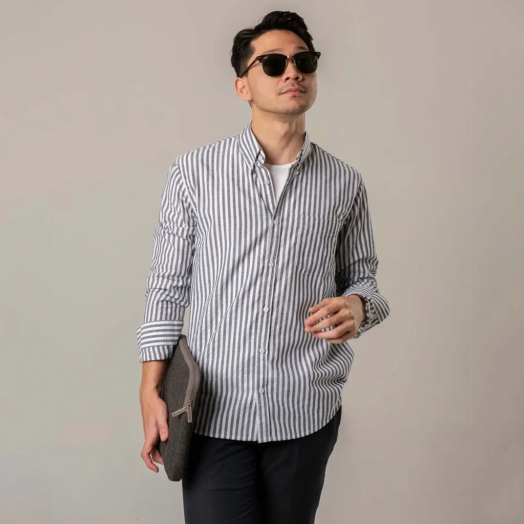 Kemeja Pria Garis WOODCUTTER Basic Butcher Stripe - Dark Grey Lengan Panjang