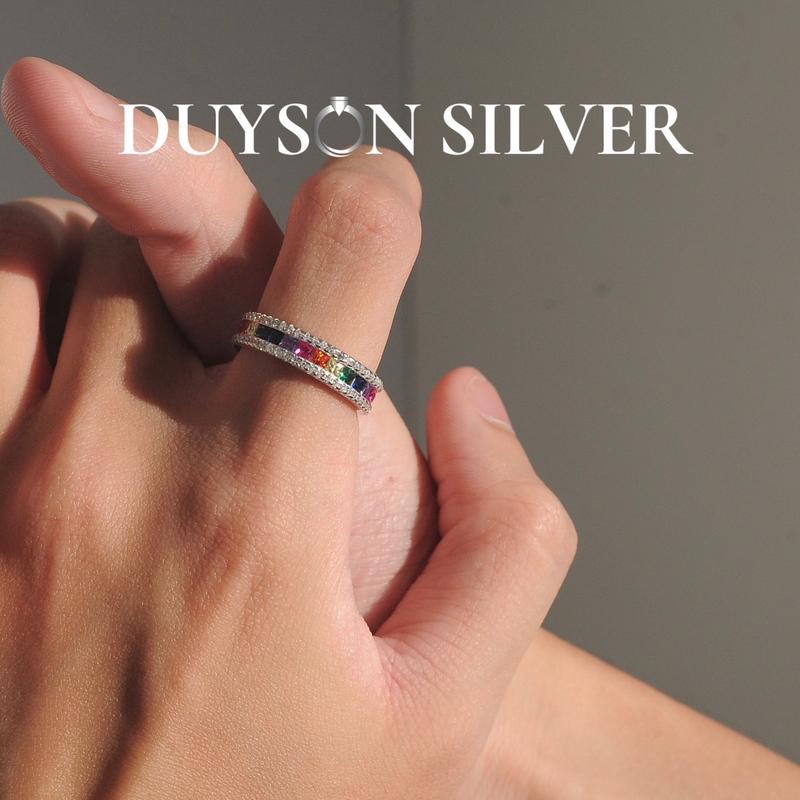 Nhẫn bạc Ý 925 mạ vàng trắng đính đá Rainbow cầu vồng Unisex nam nữ kiểu dáng Basic DUYSON SILVER NXK57
