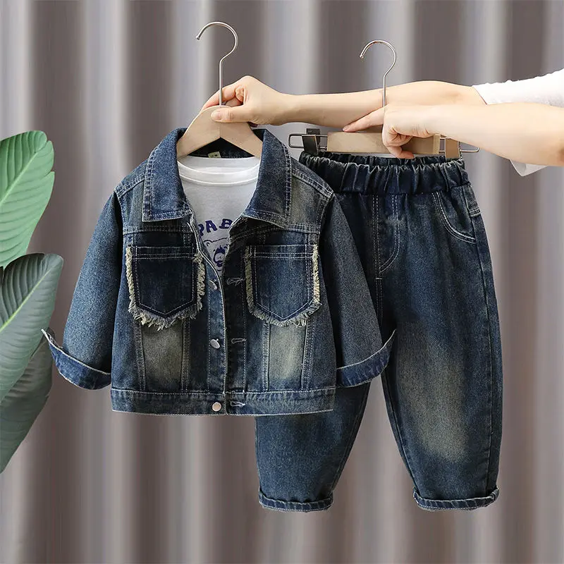 Bộ Đồ Denim Cho Bé Trai, Thời Trang Hợp Xu hướng Cho Trẻ Em, Phong Cách Cổ Điển Và Làm Cũ Thích Hợp Cho Mùa Xuân Và Mùa Thu, Quần Áo Mùa Thu, Bộ Đồ Hai Mảnh, Thời Trang, Tuyệt Vời, Cho Bé Trai