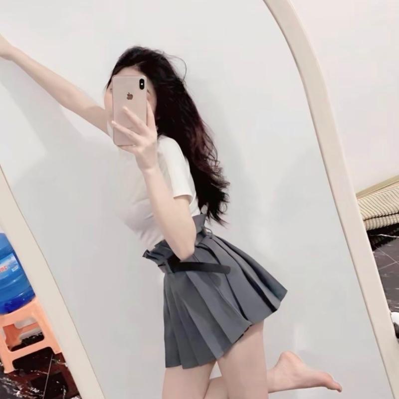 [ TẶNG ĐÀI LƯNG ] Set bộ áo thun tăm cổ 3 phân phối chân váy xếp ly tuyết mưa sịn 2