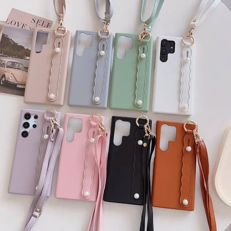 #0511 SAMSUNG S23 Shell & Pearl Strap with Sling Tali Panjang Softcase Case HP Lucu for Samsung S22 Plus S22 Ultra  S23 Plus S23 Ultra S24 Ultra S24 Plus