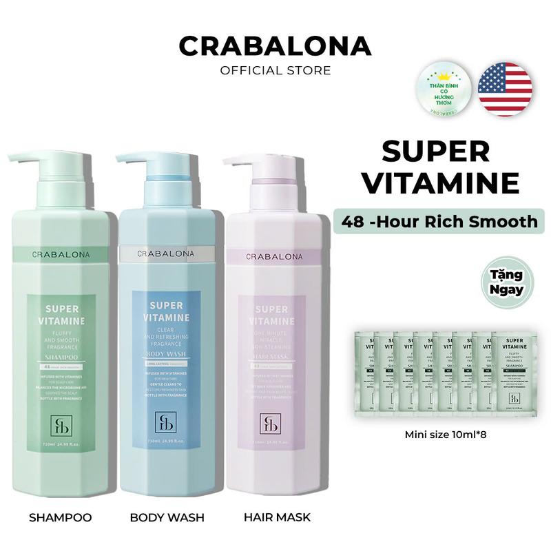 [Combo Toàn Diện] Dầu Gội + Kem Ủ Xả + Sữa Tắm CRABALONA Super Vitamine - Chăm Sóc Tóc Suôn Mượt, Kiềm Dầu, Giảm Gàu, Chăm Sóc Body Hương Nước Hoa (710ml/Chai)
