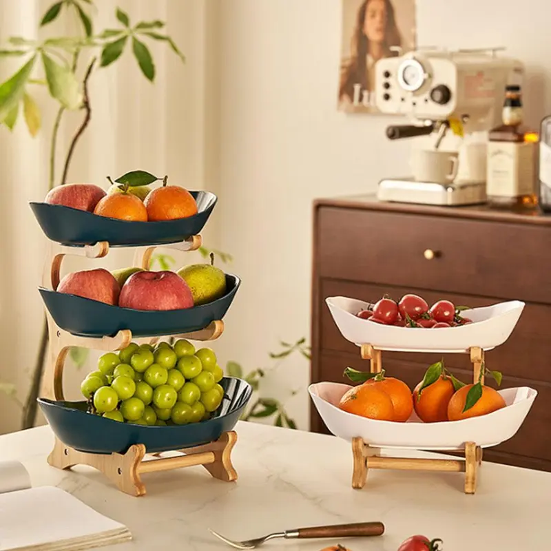 Fruit Bowl Set, 1 Count 2/3 Layer Fruit Snack Storage Bowl with Wooden Stand, Multifunctional Fruit Organizer for Home Kitchen Restaurant, Rack 3