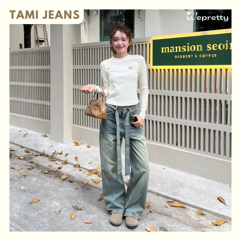 TAMI PANTS - Q19 Quần jeans nữ ống đứng phối thắt lưng Wepretty Clothes wide straight jeans 0