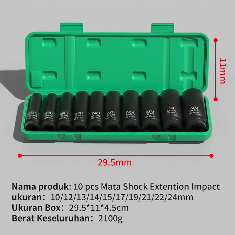 【ISKU】Socket Extention Impact 10pcs Bahan Cr-Mo Panjang Mata Sock Impact 1/2‘’ 6pt 10-24mm Kunci Mata Shock Impact 4