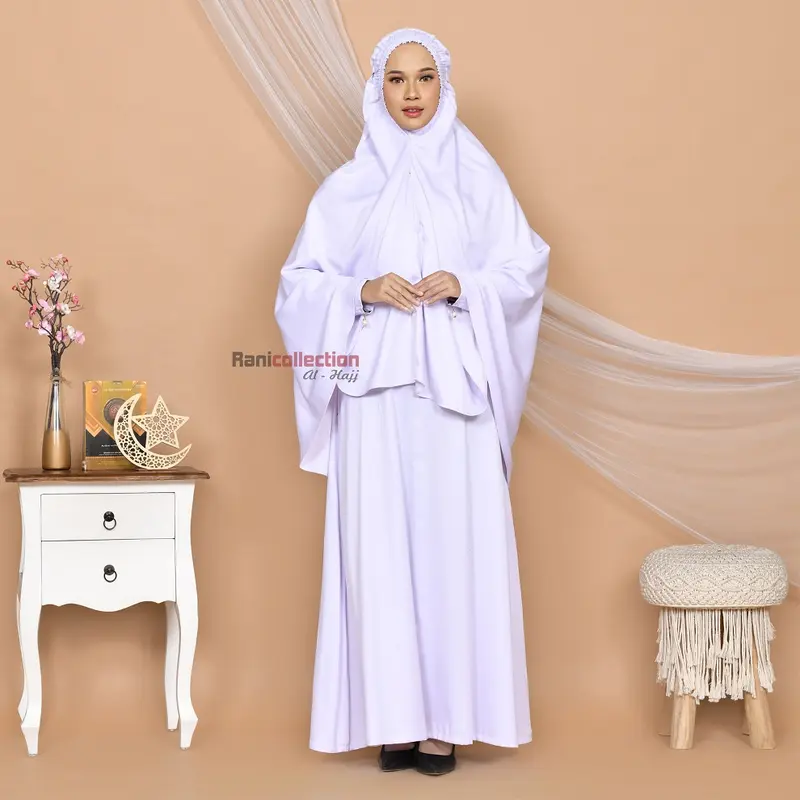set gamis Umroh Wanita Umroh Pakaian Ihram wanita baju umroh baju umroh baju haji wanita  Set gamis PUTIH kantong muslin panjang rayon setelan twil jilbab saku lembut dres katun lebar Muslim Nyaman Twill Dress Celana 2