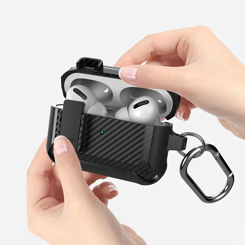 Sarung Fon Kepala Apple, Berkenaan, Corak Gentian Karbon, Gancu, Sarung Pelindung AirPods Pro2, Sesuai untuk Generasi 1/2, Lengan Fon Telinga Accessories Audio Bulan