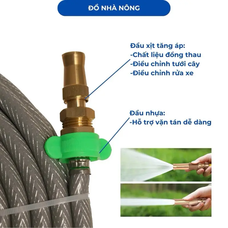 Bộ dây màu xanh 5M nhựa dẻo ,rửa xe. tưới cây(phi 14mm) béc đồng thau tăng áp+ đầu nước vô con táng bằng đồng ren trong 21mm voi tuoi 1