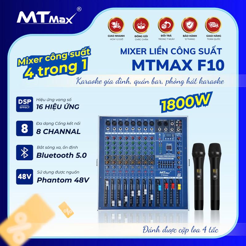 [MTMAX] Mixer F10 MAX Liền Công Suất Khủng | Chuyên Nghiệp, Tích Hợp Nhiều Chức Năng Hiện Đại | Kèm 10m Dây Loa | Âm Thanh Mạnh Mẽ, Chất Lượng Cao | Phù Hợp Karaoke, Sự Kiện, Dàn Âm Thanh Gia Đình