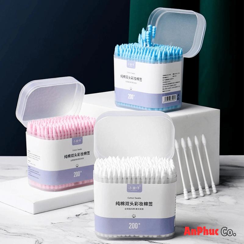 Hộp 200 Chiếc Tăm Bông Ngoáy Tai 2 Đầu Xoắn Nhọn Nhiều Màu