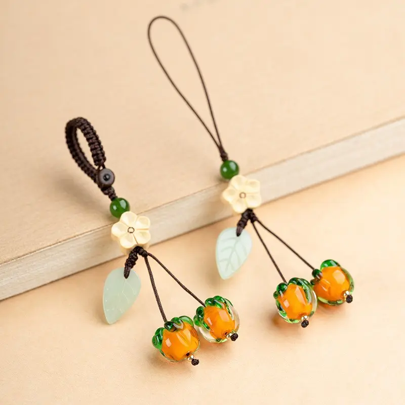 Mobile phone lanyard, USB drive, mobile phone chain, glass persimmon lanyard, retro Chinese style key pendant pendant,Phone Chain, Keychain,tanghulu phone charm,hirono keychain,phone keychain,phone charm matching Smartphone Cellphone