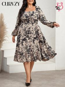 CURVZY Plus Size All Over Print Tie Front Dress, Elegant Long Sleeve Dress for Spring & Fall, Women's Clothes for Daily Wear