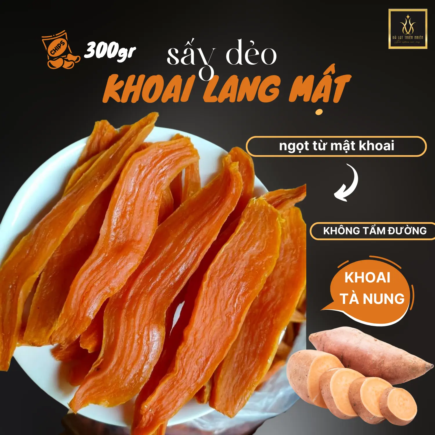 KHOAI LANG MẬT NGUYÊN CỦ SẤY DẺO 300gr - Khoai lang mật nguyên củ, vị ngọt từ mật khoai không tẩm đường  Đà Lạt Thiên Nhiên Farm - Snack Food - Ăn Vặt Thức Ăn