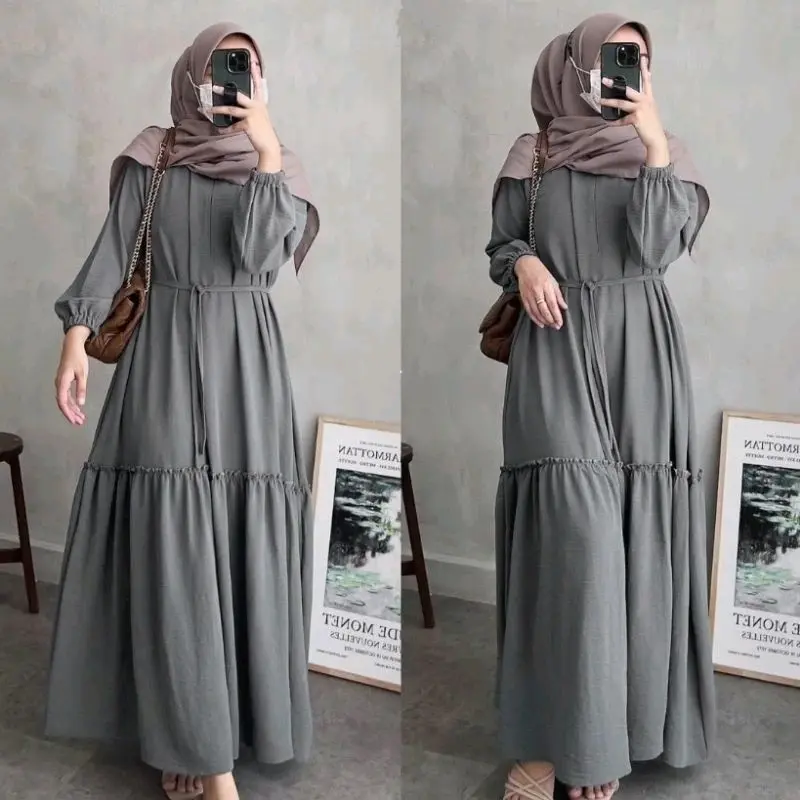 [ Spesial Ramadhan ] Rosaline Dress | Gamis Kondangan Simple Maxi Muslim Wanita Dewasa Kain Lengan Karet Variasi Ruffle Crinkle Airflow Crepe Warna Burgundy 3