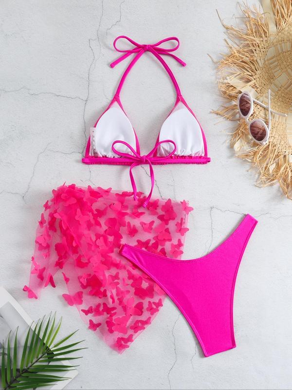 Women's Butterfly Appliques Sheer Bikinis for Summer, Swimsuit Sets, Bathing Suits 2024 for Women Summer, Halter Triangle Swim Bra & High Cut Swim Panty & Knot Side Cover Up Skirt, Summer Tummy Control Swimwear for Beach Holiday 3