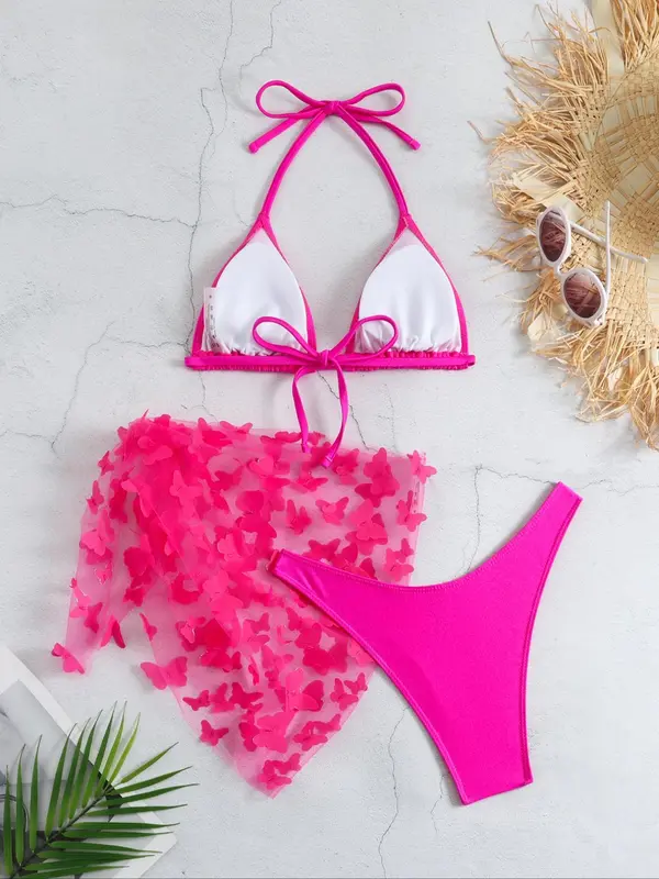 Women's Butterfly Appliques Sheer Bikinis for Summer, Swimsuit Sets, Bathing Suits 2024 for Women Summer, Halter Triangle Swim Bra & High Cut Swim Panty & Knot Side Cover Up Skirt, Summer Tummy Control Swimwear for Beach Holiday 3