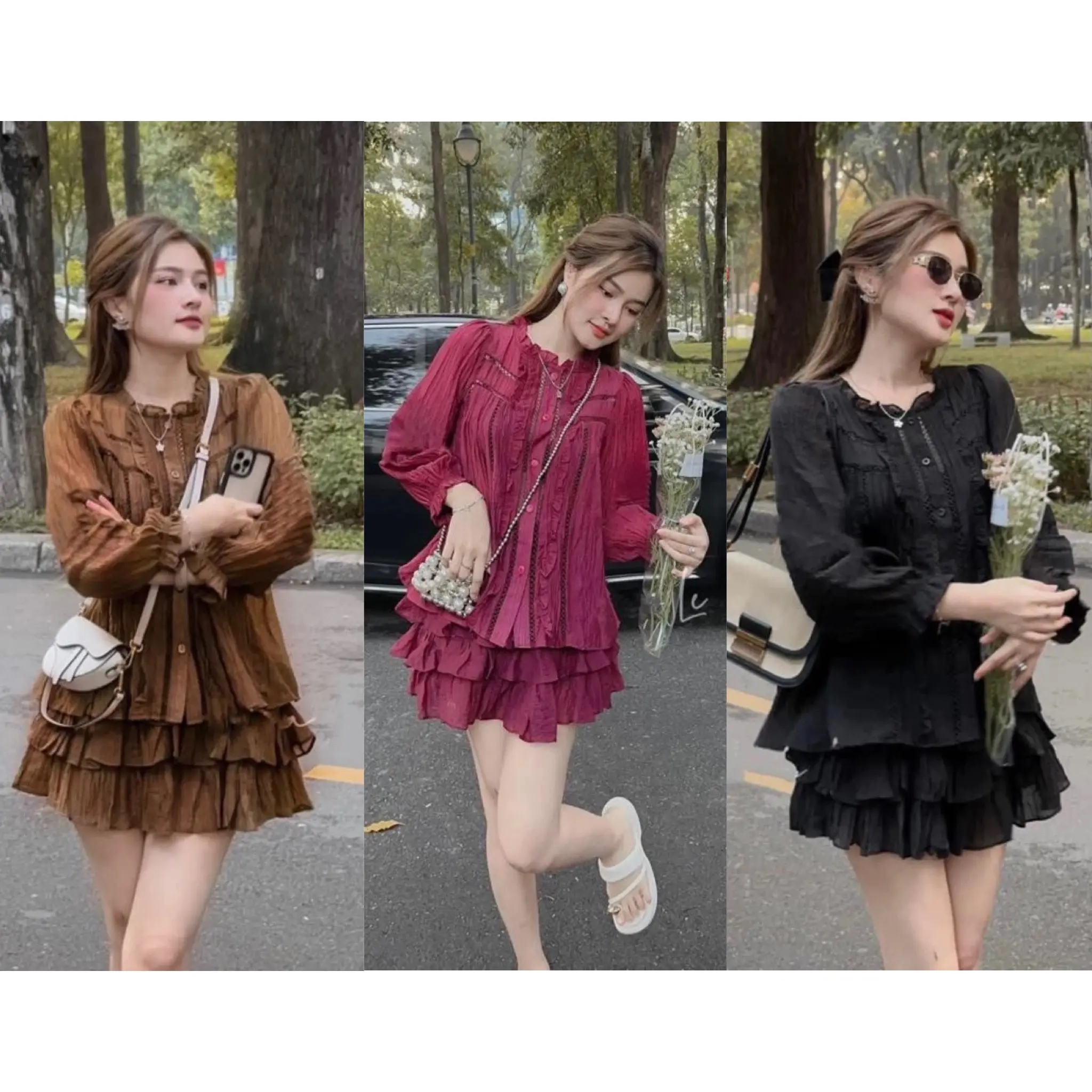 Set Bộ Đồ Nữ Babydoll Tơ Nhăn Áo Tay Dài Bèo Ren Mix Quần Đùi Xòe Tầng Women Top
