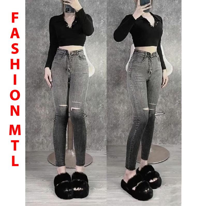 Quần  Jean loang khói rách ôm sát người, cạp cao, hàng co giãn 4 chiều siêu hách dáng Women  pants nữ quan ong 1