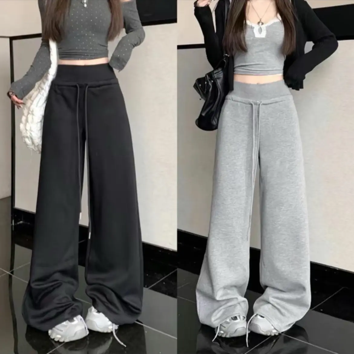 [ A16 ] ￼Quần Ống Rộng Nỉ Ống Rộng Cạp Chun Cao Cấp Thiết Kế hottrend mã Nỉ Cạp Cao Dây Rút Nữ Thun