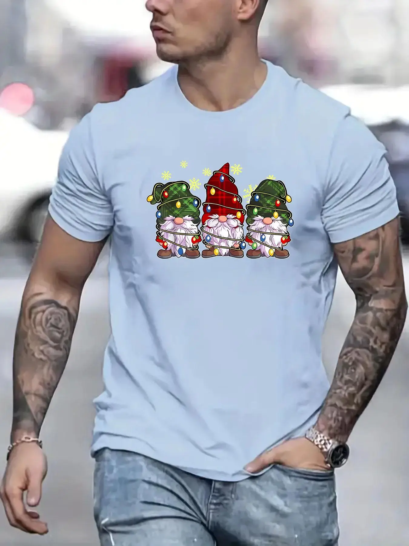 Men's Cartoon Christmas Gnome Print Round Neck Tee, Regular Fit Casual Short Sleeve Crew Neck T-Shirt for Summer, Fashion Men's Top for Daily Wear