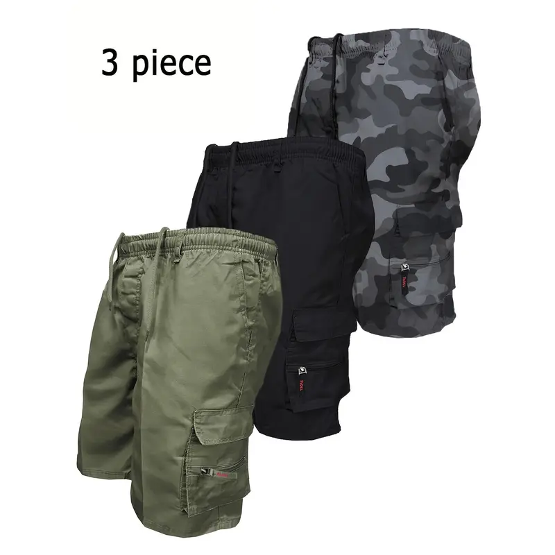 Men's Workwear Shorts 3pcs Set Camouflage Workwear Shorts Outdoor Tactical Shorts Casual Sports Pants Loose Elastic Waist Work Hiking Sports Shorts 3pcs Set 3