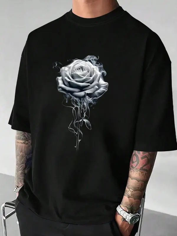 Men's Regular Fit Rose Print Round Neck Tee, Casual Short Sleeve Crew Neck T-shirt for Summer, Fashion Men's Top for Daily Wear 0