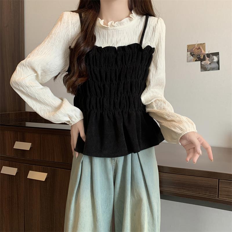 Product Introduction of Áo Sơ Mi Giả Hai Mảnh, Cao Cấp, Phong Cách Pháp, Dành Cho Phụ Nữ, Mùa Xuân Và Mùa Thu, Cô Gái Đầy Đặn, Giấu Eo, Hàng Châu Âu, Áo Sơ Mi ngắn Cho Bé, Áo, Ngoại Cỡ 18