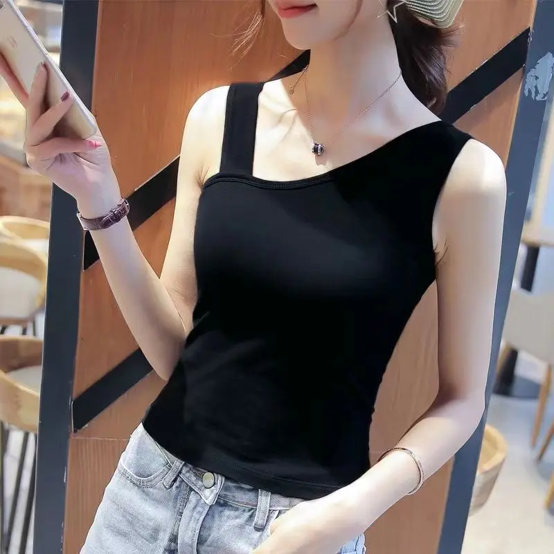 Fashion Camisole for Women, Black Summer Solid Color Asymmetrical Off-Shoulder Slim Fit Sleeveless Sexy Short Top