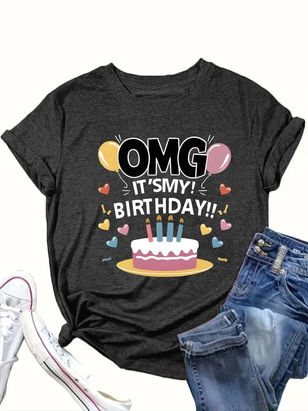 【Plus Size】 Cartoon Birthday Cake & Letter Print Round Neck Tee, Casual Short Sleeve T-shirt for Summer, Women's Clothing for Daily Wear 5