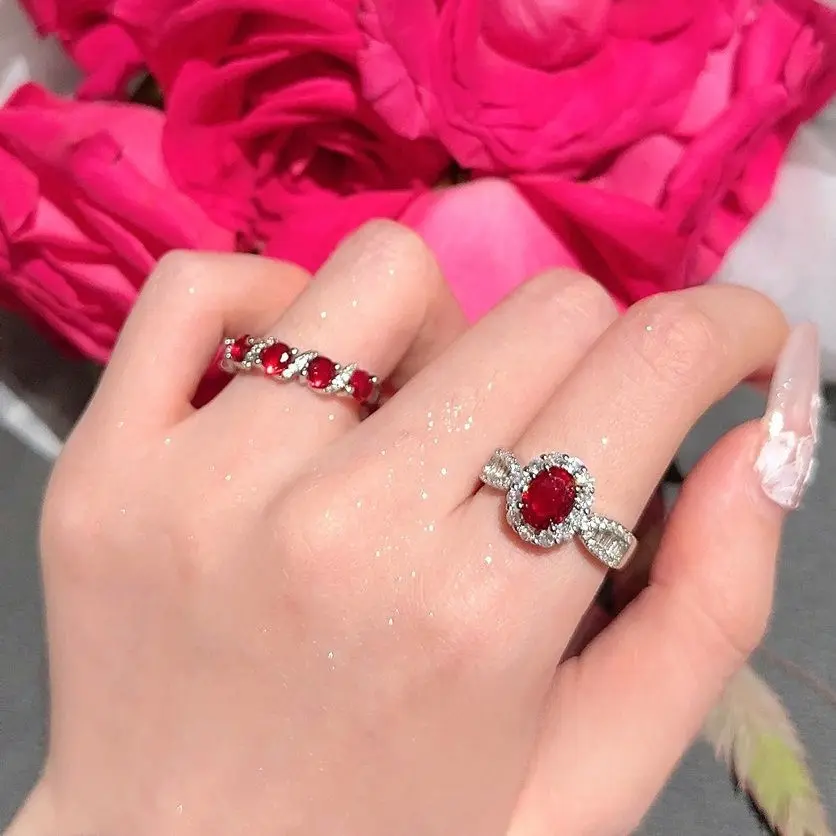 Wine Stain Rose Egg-Shaped Gemstone Ring Farah 18K Gold Plating Rouge Magenta Zircon Cord for Braiding Ring Twin