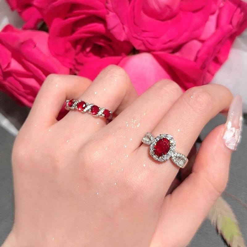 Product Introduction of Wine Stain Rose Egg-Shaped Gemstone Ring Farah 18K Gold Plating Rouge Magenta Zircon Cord for Braiding Ring Twin 3
