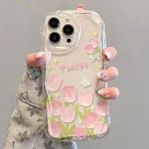 ภาพวาดสีน้ำมันดอกทิวลิปสีชมพูเหมาะสำหรับIphone15กรณีโทรศัพท์มือถือสาว14Promaxความงาม13/12P Simple 11