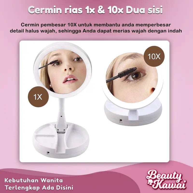 Cermin Bulat Lipat Kaca Rias LED 2 Sisi Ganda Putar USB Cas 2