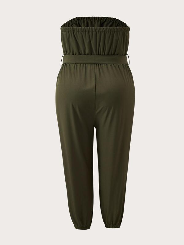 Plus Size Solid Backless Belted Tube Jumpsuit, Casual Sleeveless Strapless Carrot Jumpsuit for Daily Wear, Women's Plus Clothing for All Seasons 1