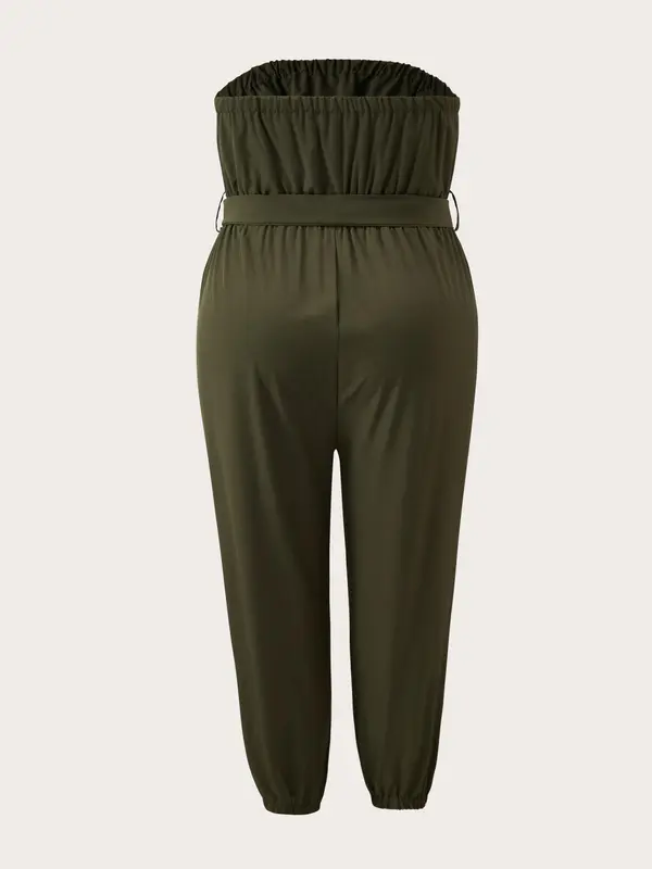 Plus Size Solid Backless Belted Tube Jumpsuit, Casual Sleeveless Strapless Carrot Jumpsuit for Daily Wear, Women's Plus Clothing for All Seasons 1