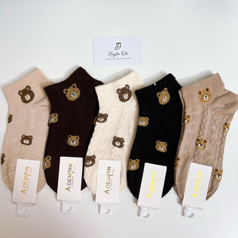Product Introduction of Sét 5 đôi tất cotton nữ cổ ngắn màu tối thêu gấu nâu (TNU105) Women 1