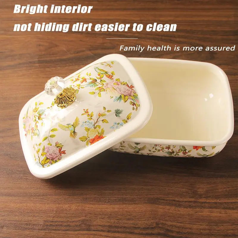Vintage Floral Pattern Enamel Bread Box, Enamel Butter Dish with Lid, Salad Preserving Container for Kitchen Canteen, Summer Gift 6