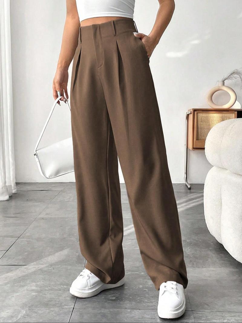 Product Introduction of Women's Solid Plicated Pocket Straight Leg Pants, Casual Comfy Trousers for Daily Wear, Ladies Bottoms for Fall & Winter 4