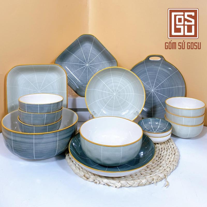 Bộ Bát Đĩa Chén Bát Phong Cách Nhật Bản Xám Mint Men Sáng Đẹp