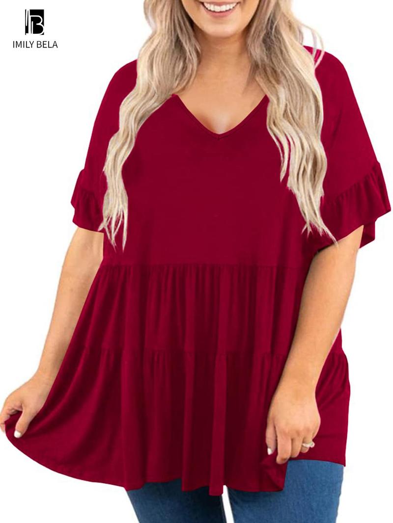 Product Introduction of 【Plus Size】 Solid V Neck Tee, Casual Short Sleeve T-shirt for Summer, Women's Clothing for Daily Wear 5