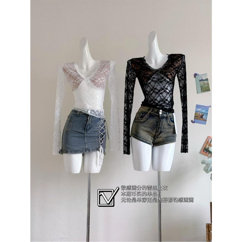 Áo Ren Cổ Chữ V Gợi Cảm, Áo Mặc Mùa Xuân Và Mùa Thu Cho Nữ, Cao Cấp, Lớp Cơ Sở Co Giãn, Bó Sát Eo, Phong Cách Cô Gái Nóng Bỏng, Xu Hướng Y2K, Bộ Sưu Tập Năm 2024, Bán Chạy 7