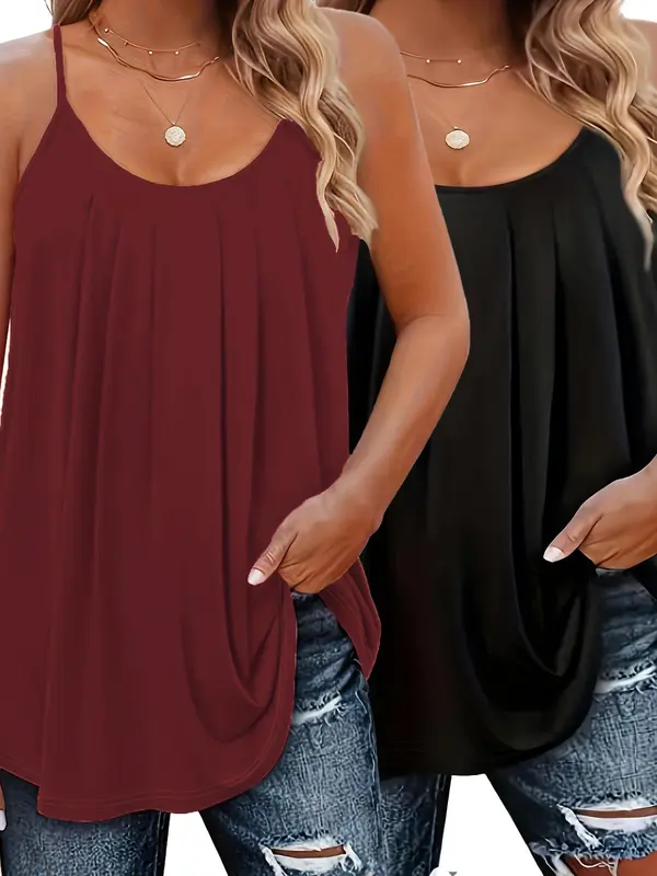 【Plus Size】 Plain Sleeveless Adjustable Strap Cami Top, Women's Plus Size Clothing for Summer Daily Wear 0
