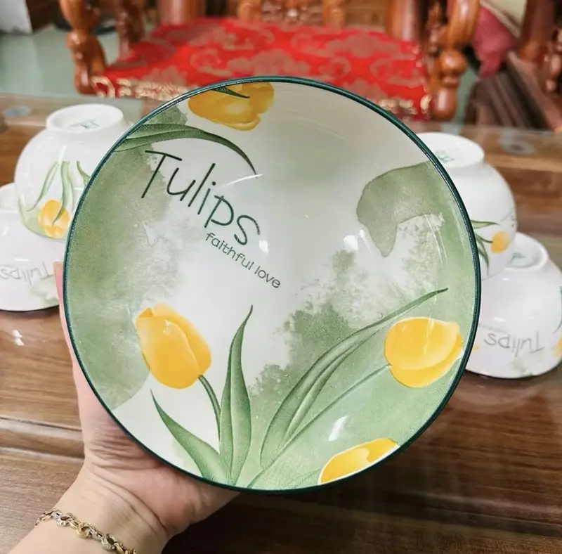 Bộ bát đĩa hoa tuylip 21 món siêu đẹp, bộ bát đĩa thủy tinh đẹp 1