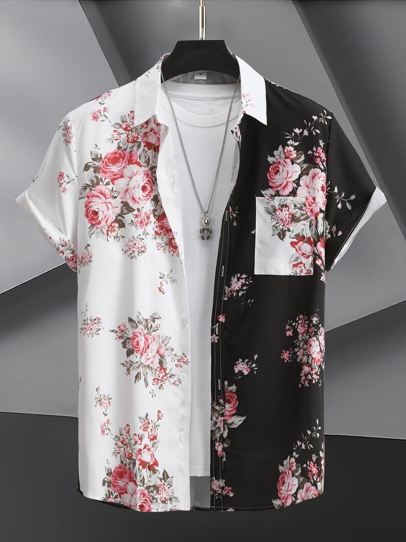 Product Introduction of Men's Colorblock & Floral Print Button Front Shirt, Loose Casual Pocket Short Sleeve Top for Summer, Summer Clothes, Men's Clothes for Daily Wear, Menswear 8