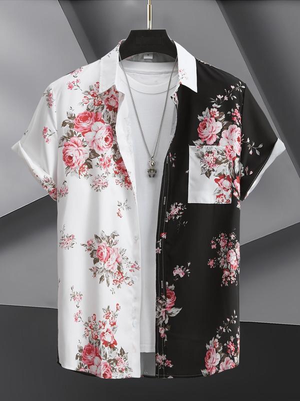 Men's Colorblock & Floral Print Button Front Shirt, Loose Casual Pocket Short Sleeve Top for Summer, Summer Clothes, Men's Clothes for Daily Wear, Menswear 0